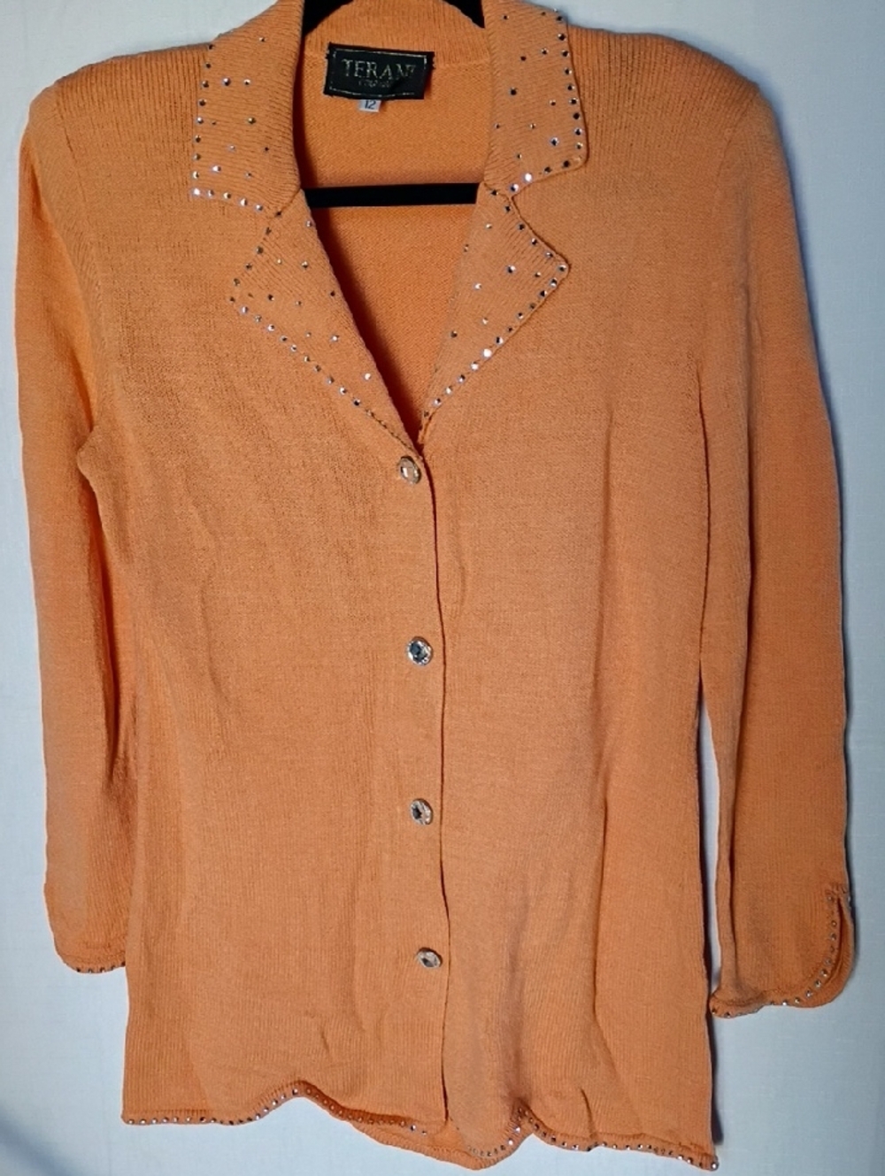 Terani Couture Women's Vintage Orange Knit Cardigan with Rhinestone Collar Sz L
